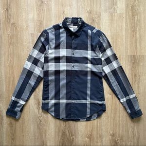 🇬🇧BURBERRY BRIT AUTHENTIC CHECK CASUAL BUTTON DOWN NAVY BLUE SHIRT